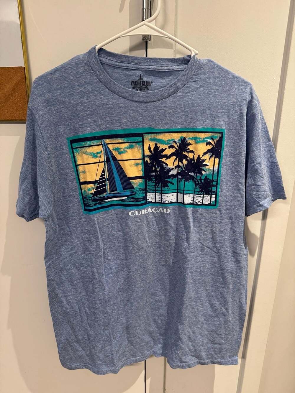 Yacht Club Curacao Sailboat Palm Trees Graphic Tri-Blend Blue T-Shirt Medium